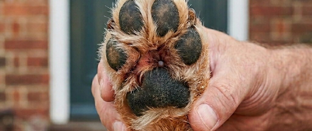 Zecke zwischen den Pfotenballen während der Zeckenkontrolle nach dem Spaziergang
